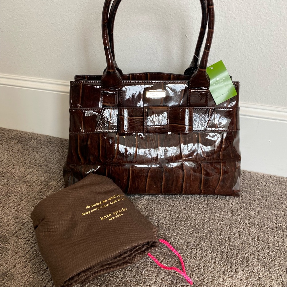 Kate Spade Knightsbridge Brown Croc Patent Handbag Tote Satchel Attaché New NWT